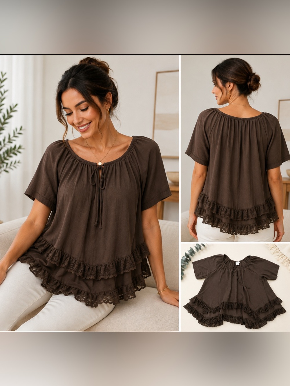 Brown Boho Ruffle Lace Hem Flowy Top